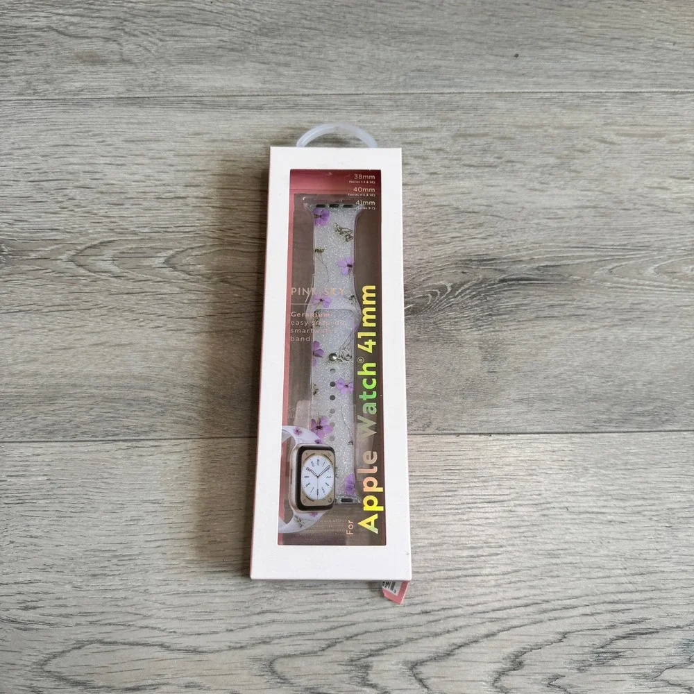 Pink Sky For Apple Watch Band 38/40/41mm Geranium Floral‎ Glitter Clear Silicone